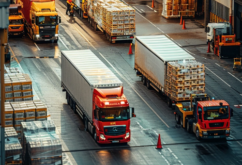 trucks being loaded with cargo